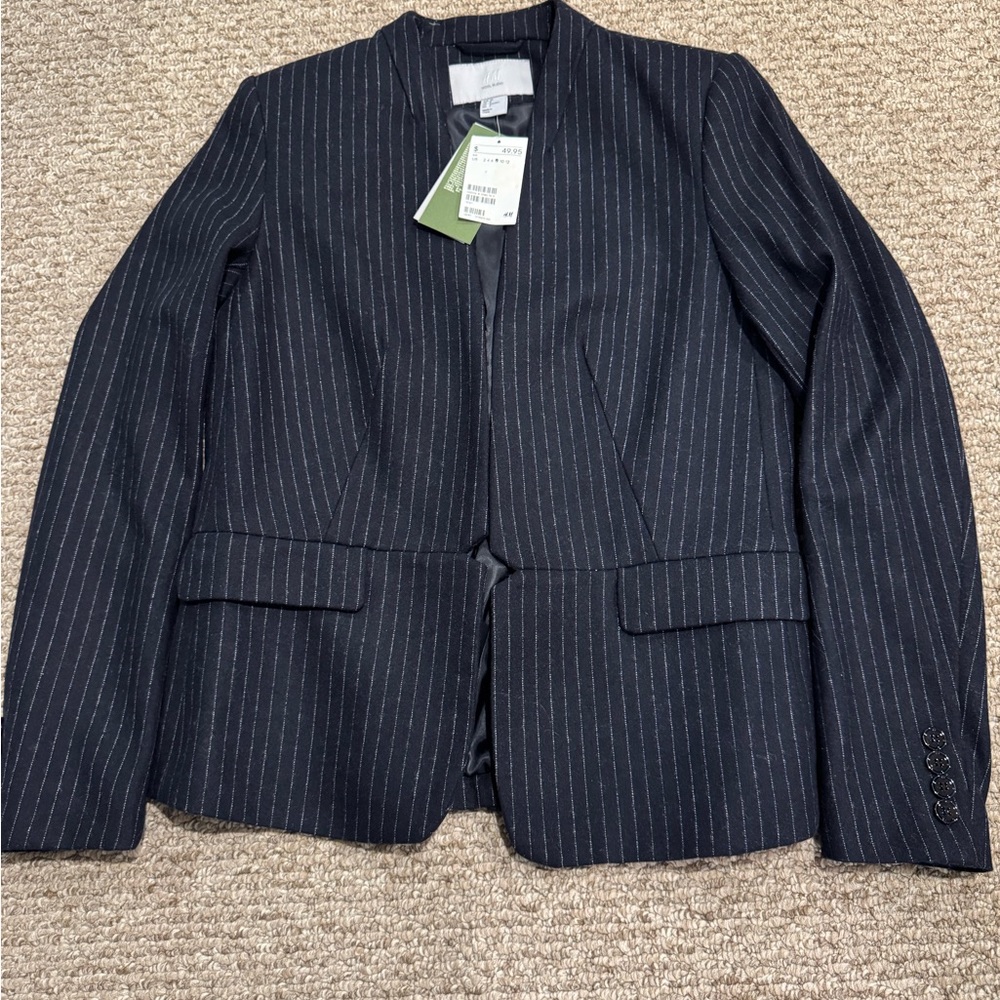 H&M WOOL BLEND Navy Blue Pinstripe Blazer P2P 18” NWT